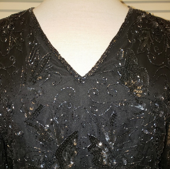 Vintage Black Beaded Silk V-Neck Evening Top - Picture 2 of 7